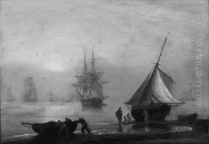 Fishermen Busy On The Beach At Dusk by Thomas Luny