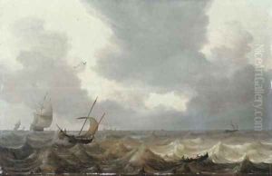 A fishing boat and a rowing boat in choppy waters, a Dutch three-master in the distance by Jan Porcellis