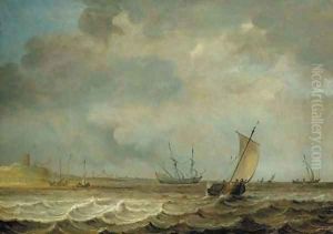 A smalschip, a frigate and other shipping in choppy seas