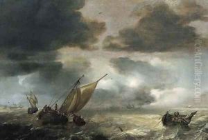 A wijdschip lowering sails with fishermen in a rowing boat hauling in their nets, as a storm approaches by Jan Porcellis