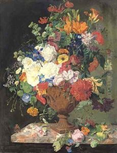 Lillies, convolvuli, carnations and roses in an urn on a marble ledge by Franz Xaver Petter