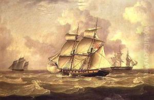 A British Gun Brig chasing a French Chasse Maree by Charles Martin Powell