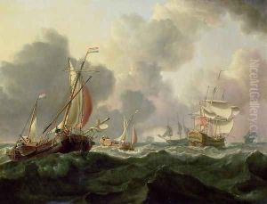 Dutch Pinks and a British Frigate in Choppy Seas by Charles Martin Powell