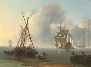 A Dutch warship revictualling in a calm off the coast of the Netherlands by Charles Martin Powell
