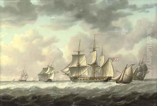 A frigate heaving-to in the Channel amidst other ships of her squadron, with an armed cutter, probably carrying despatches or fresh orders - view 1