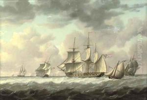 A frigate heaving-to in the Channel amidst other ships of her squadron, with an armed cutter, probably carrying despatches or fresh orders by Charles Martin Powell
