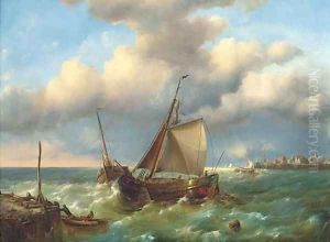 Barges in a stiff breeze at the harbour mouth by Charles Martin Powell