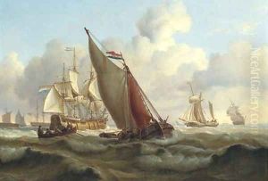 Busy shipping lanes off a harbour with a three-masked Dutch merchantman hove-to to take on the pilot by Charles Martin Powell