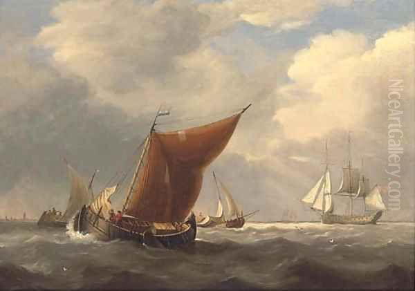 An English flagship heaving-to off the Dutch coast with barges inshore - view 1