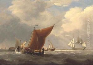 An English flagship heaving-to off the Dutch coast with barges inshore by Charles Martin Powell