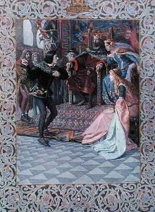 Hamlet before King Claudius, Queen Gertrude and Ophelia, scene from Hamlet by William Shakespeare 1564-1616 c.1900 Hamlet before King Claudius, Queen Gertrude and Ophelia, scene from Hamlet by William Shakespeare 1564-1616 c.1900