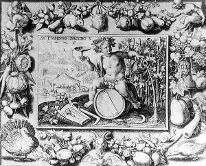 Bacchus and an allegory of Autumn, engraved by Crispin de Passe I c.1565-1637 by Crispijn van de Passe