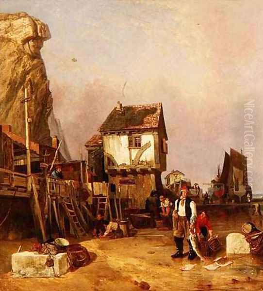 Fisherfolk with their catch by a quay - view 1