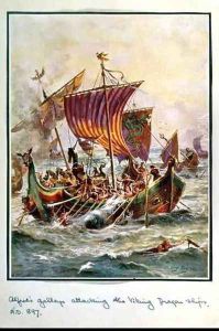 Alfreds galleys attacking the Viking Dragon ships, 897 AD, illustration from Hutchisons Story of the British Nation, c.1920 by Henry A. (Harry) Payne