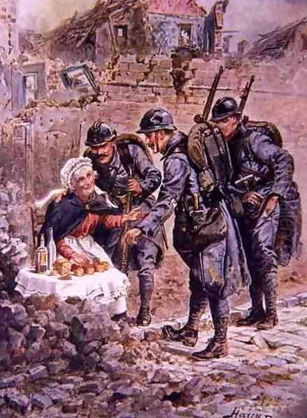 An Old Woman Selling Cakes Amid the Falling Houses of Verdun, illustration from Brave Deeds by Brave Men by C. Sheridan Jones, pub. 1922 - view 1