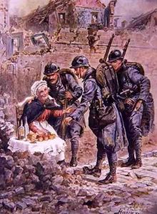 An Old Woman Selling Cakes Amid the Falling Houses of Verdun, illustration from Brave Deeds by Brave Men by C. Sheridan Jones, pub. 1922 by Henry A. (Harry) Payne