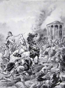 Boadiceas attack upon Camulodunum, 60AD, illustration from The History of the Nation 2 by Henry A. (Harry) Payne