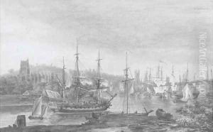 A frigate on the Severn, with Gloucester Cathedral off her port beam