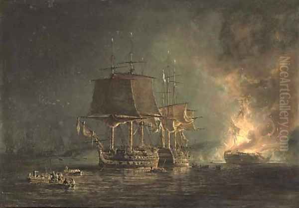 The burning of the Russian 74-gun Sewolod after she had been engaged and silenced by H.M.S. Implacable, Captain T. Byam Martin, in the Baltic - view 1