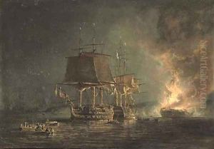 The burning of the Russian 74-gun Sewolod after she had been engaged and silenced by H.M.S. Implacable, Captain T. Byam Martin, in the Baltic