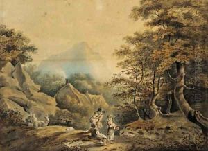 Children leading a ram in a wooded landscape; and Figures and goats resting by the wayside in a wooded landscape