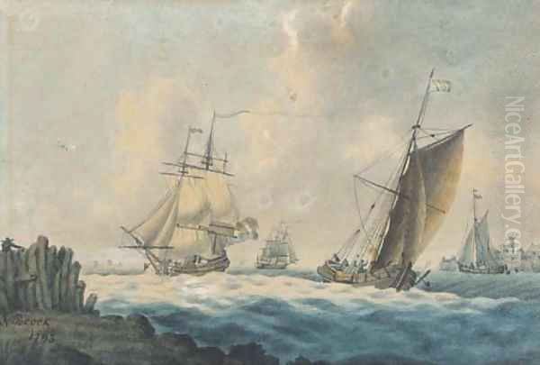 Dutch shipping off a fortified town - view 1
