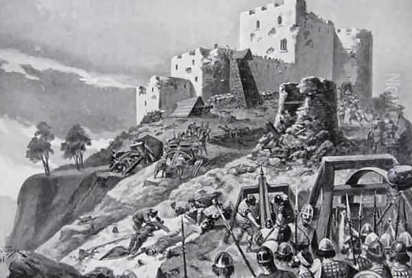 The Welsh attack on Montgomery Castle in 1095 led by Cadwgan ap Bleddyn, Prince of Powys, illustration from the book The History of the Nation - view 1