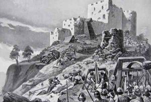The Welsh attack on Montgomery Castle in 1095 led by Cadwgan ap Bleddyn, Prince of Powys, illustration from the book The History of the Nation The Welsh attack on Montgomery Castle in 1095 led by Cadwgan ap Bleddyn, Prince of Powys, illustration from the book The History of the Nation