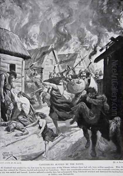 Canterbury Burned by the Danes, 851 AD, illustration from Hutchinsons Story of the British Nation, c.1920 - view 1