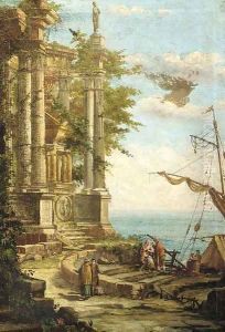 The ruins of a classical mausoleum by a coastal inlet, with figures disembarking from a boat