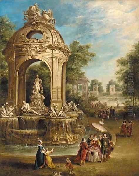 Elegant company by a baroque fountain in an Italianate garden, an ornamental lake beyond - view 1