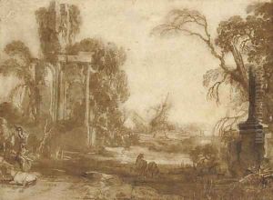 A capriccio with livestock and peasants among ruins, a shipwreck seen beyond by Pierre-Antoine Patel