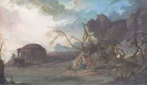 A classical temple by the sea with two figures in the foreground by Pierre-Antoine Patel