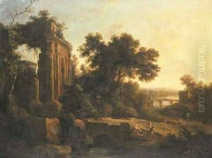 An Italianate landscape with classical ruins and figures conversing by a bridge by Pierre-Antoine Patel