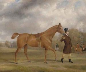 A bay hunter and groom, with a hunt beyond, in an extensive landscape by John Paul