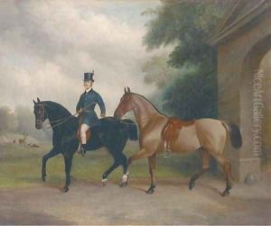 A groom leading two cobs out of a stable