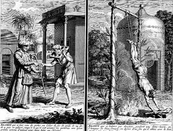 A Brahmin who wears an iron collar to raise funds for a hospital and a Brahmin suspended over a fire in devotion, illustrations from Religious Ceremonies and Customs, c.1724 - view 1