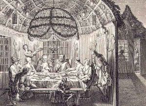 Jewish Meal During the Feast of the Tabernacles, illustration from Religious Ceremonies and Customs, 1724 by Bernard Picart