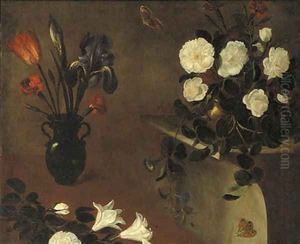 An iris, a tulip and carnations in a vase with roses in a copper bowl on a pedestal nearby - a fragment - view 1