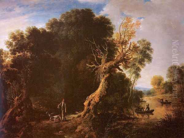 Wooded Landscape with Lake and Fishing Boats - view 1