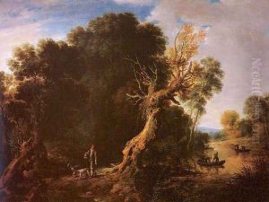 Wooded Landscape with Lake and Fishing Boats by Bonaventure II Peeters