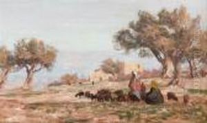 Arabs And Flock Of Sheep In An Oasis