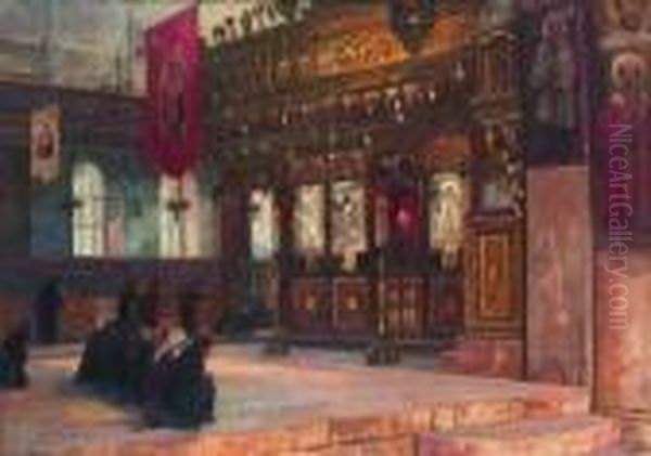Innenraum Einer Orthodoxen Kirche
Mit Ikonostase Und Betenden Glaubigen - view 1