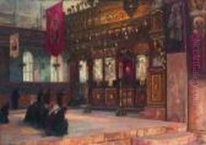 Innenraum Einer Orthodoxen Kirche
 Mit Ikonostase Und Betenden Glaubigen