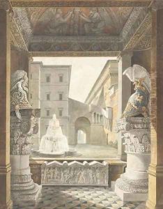 A Roman courtyard seen from a loggia decorated with antique helmets on composite columns and a sarcophagus by Charles Percier