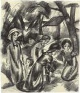 Spielende Madchen Unter Baumen by August Macke