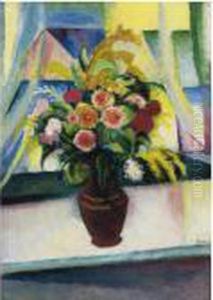 Stilleben: Bunter Blumenstrauss Vor Dem Fenster by August Macke
