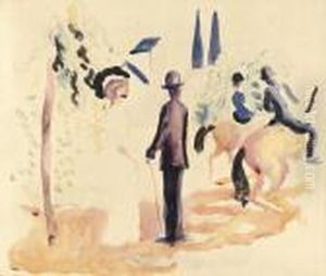 Reiter Und Spazierganger (recto); Weiblicher Akt Vor Hausern(verso) by August Macke