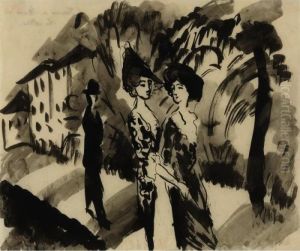 Zwei Frauen Und Mann In Der Allee (two Women And A Man On An Avenue) by August Macke