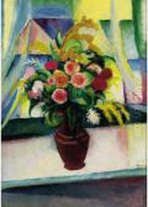 Stilleben: Bunter Blumenstrauss 
Vor Dem Fenster (still Life: Colourful Bunch Of Flowers In Front Of A 
Window) by August Macke